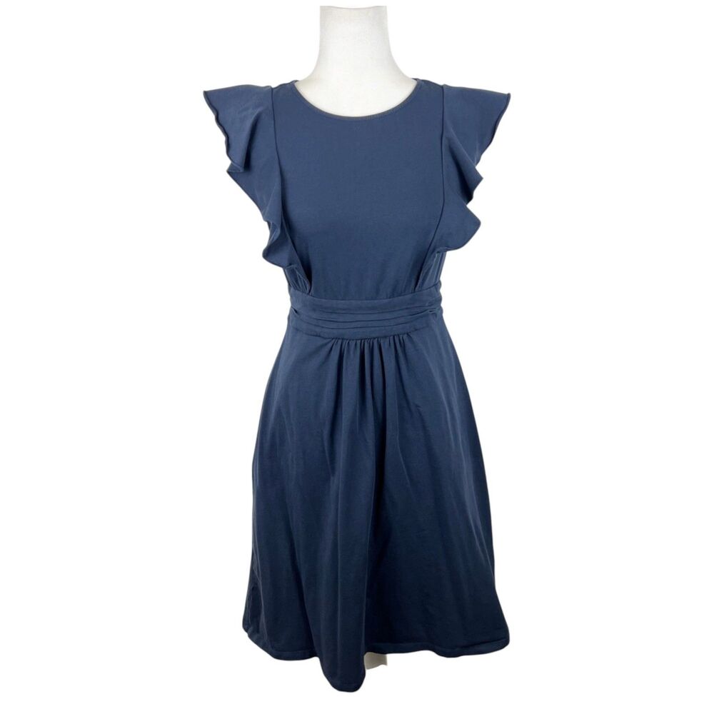 eShakti Dress Women 6 Navy Ruffled Sleeveless Fit Flare Stretch Knee Length